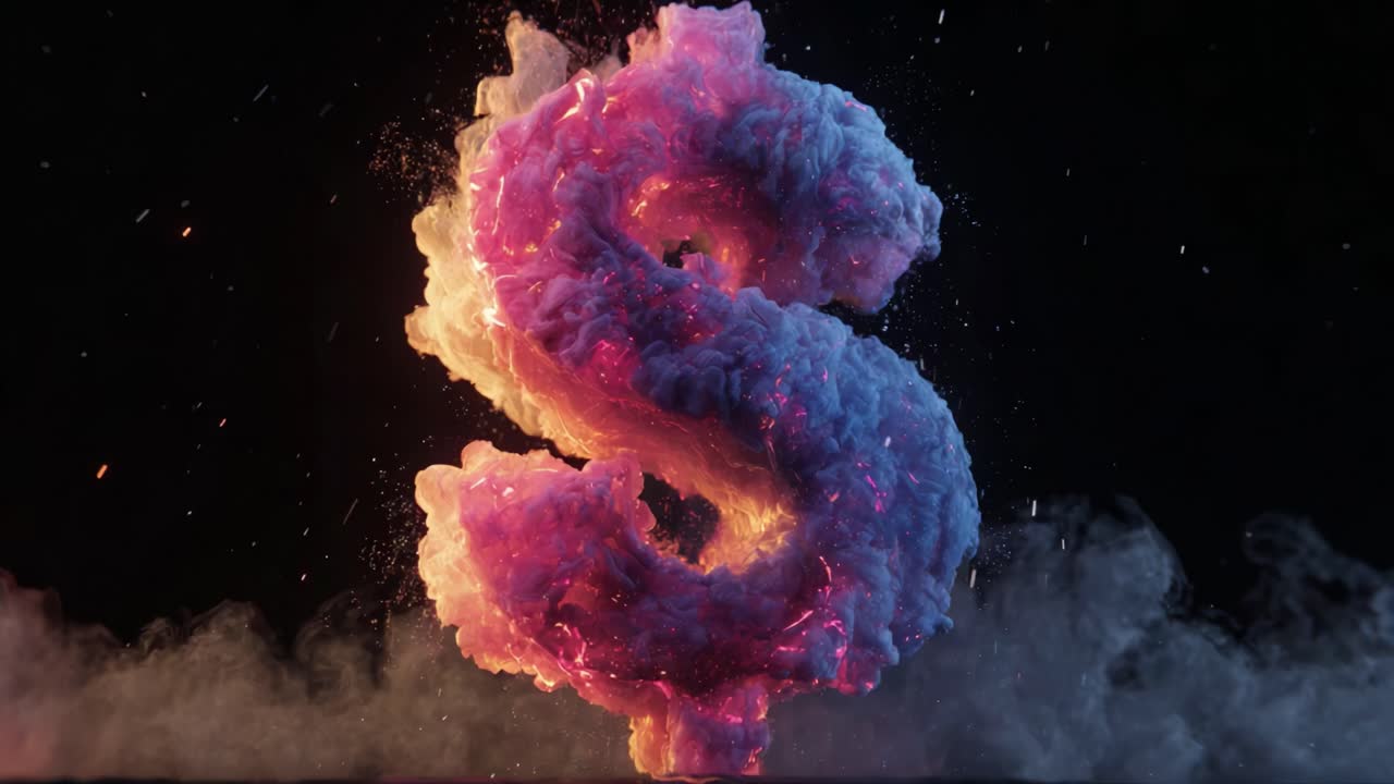 En fantastisk visualisering af et dollarsymbol dannet af farverige skyer af røg og lys, der repræsenterer finansiel vækst og innovation i en kreativ kunstnerisk fremstilling