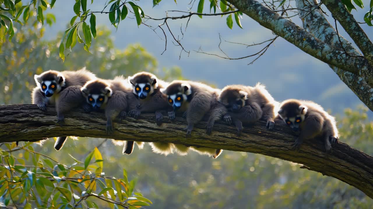 Group of Lemurs on a Tree Branch