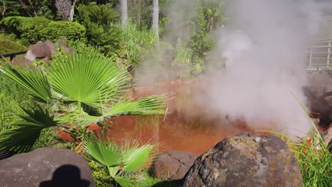 red iron oxide hot spring at jigoku meguri, geothermal green house in background