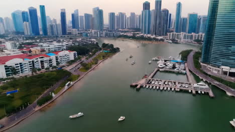 aerial view of a modern city marina with skyscrapers