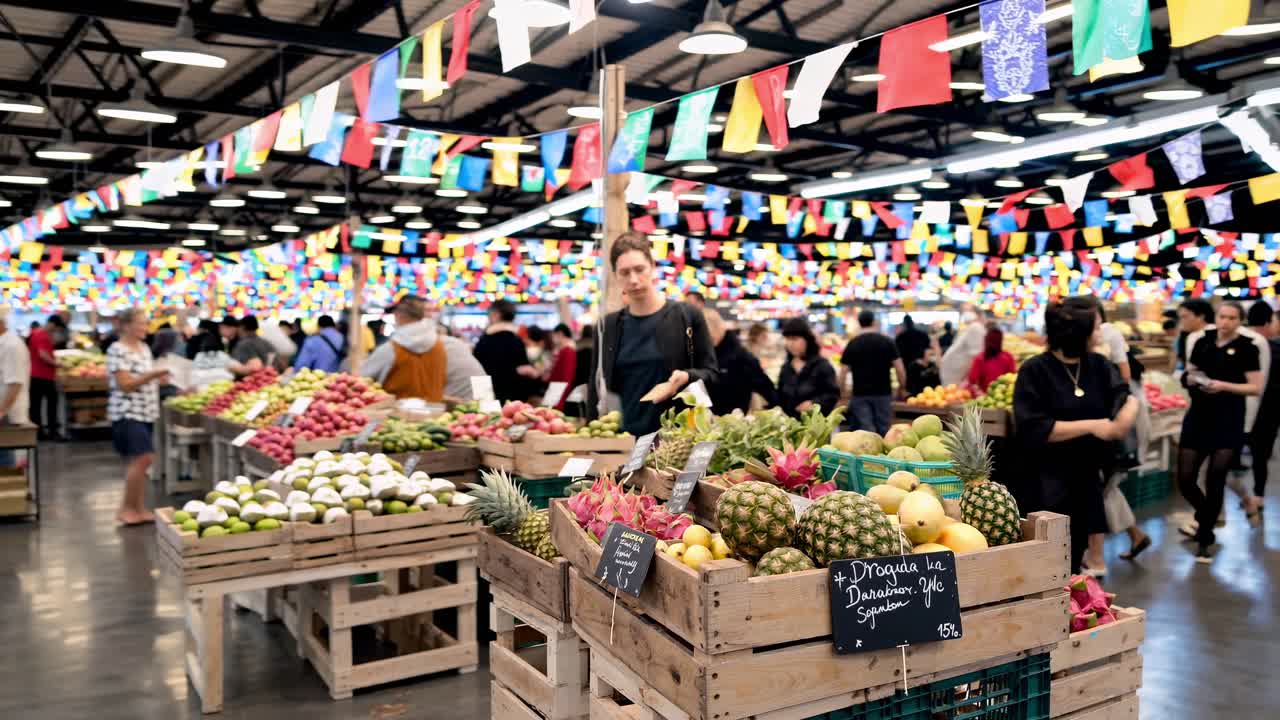 Customers browsing colorful fruit and vegetable displays at a bustling marketplace decorated with international flags, enjoying the vibrant atmosphere and abundance of fresh produce