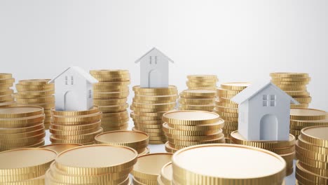 una pequeña casa rodeada de pilas crecientes de monedas de oro, ilustrando el concepto de aumento del valor de la casa y la inversión