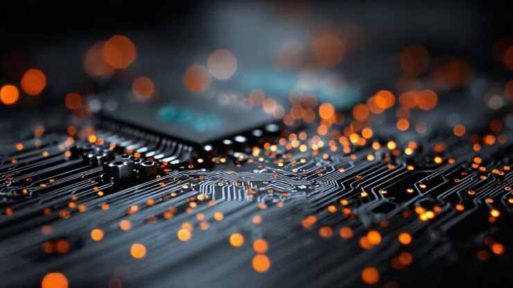 Et fængslende indblik i avanceret kredsløbsteknik: Indviklede mønstre af lys og teknologi fremstår i et nærbillede af en computerchip og et printkort