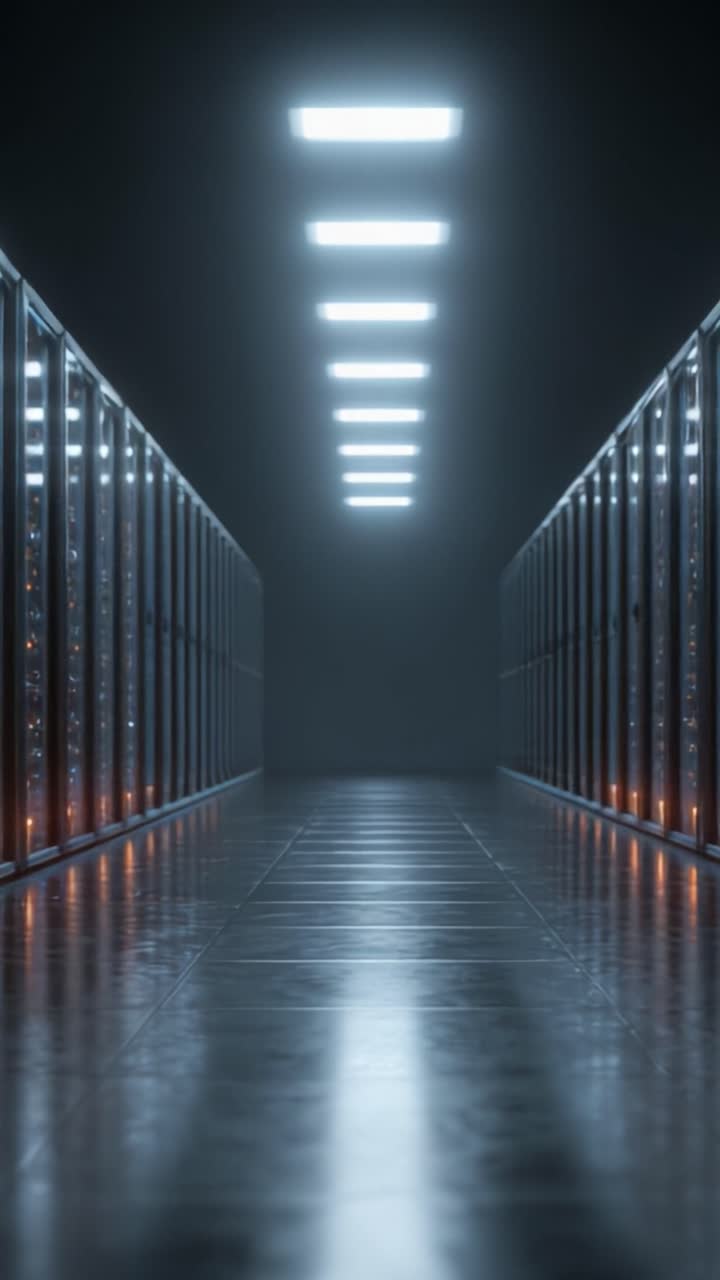 Un moderno corridoio di data center illuminato da luci brillanti, con file di server rack in un ambiente organizzato e ad alta tecnologia.