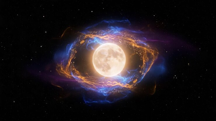 Una danza cosmica: la splendida illuminazione di una luna piena circondata da vivaci onde di energia in un cielo stellato