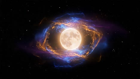 a cosmic dance: the beautiful illumination of a full moon surrounded by vibrant energy waves in a starry night sky