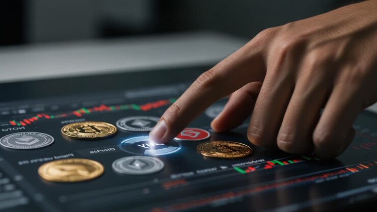 Primo piano di trading di criptovalute digitale: utente coinvolto con uno schermo touchscreen che mostra varie criptomonete in azione
