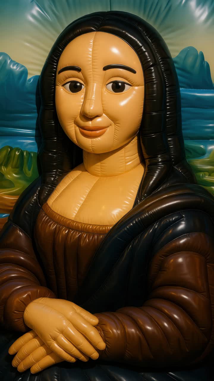 En lekfull närbildsvideo av en uppblåsbar Mona Lisa, som visar en udda twist på klassikern