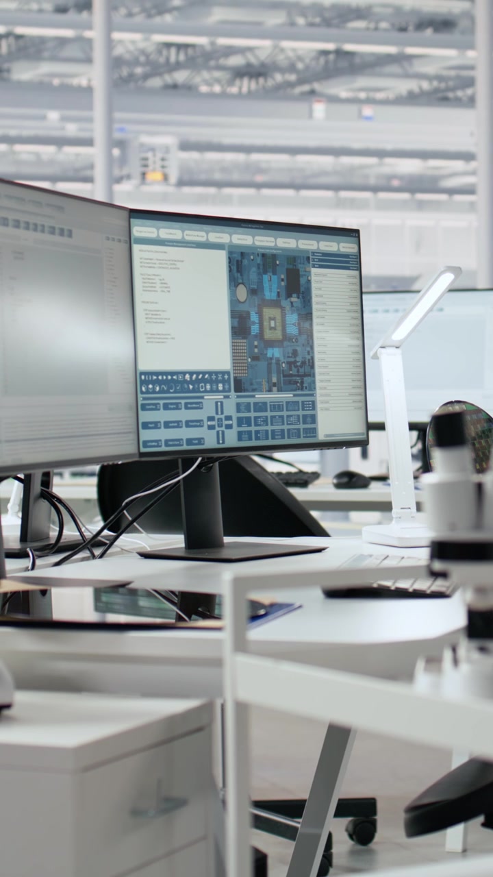 Vertical video Supervising integrated circuits, monitors and microchip production office