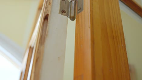 closeup view at metallic hinges holding brown door chewed by termites