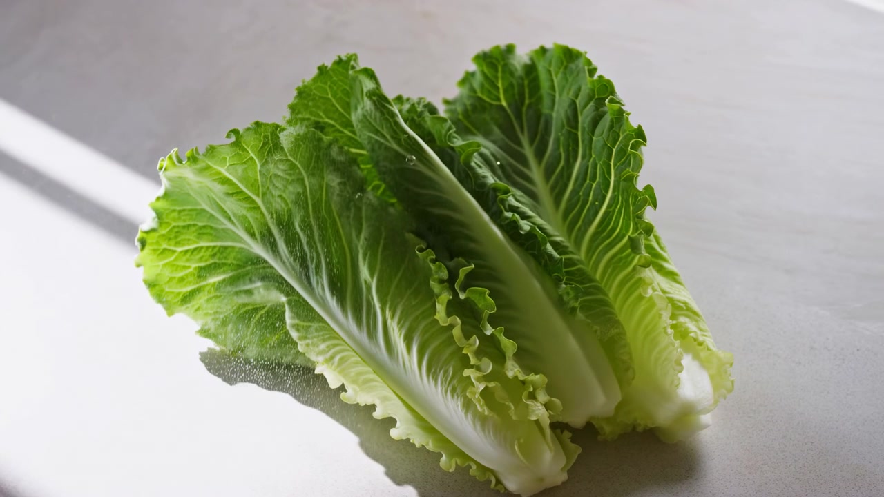 Fresh green lettuce leaves rest near the center-right of a light countertop, illuminated by soft natural light from the left with a gentle shadow stretching