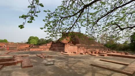 Cinematic-shot-of-the-ruins-of-Nalanda-Maha-vihara-and-other-historical-places-in-India