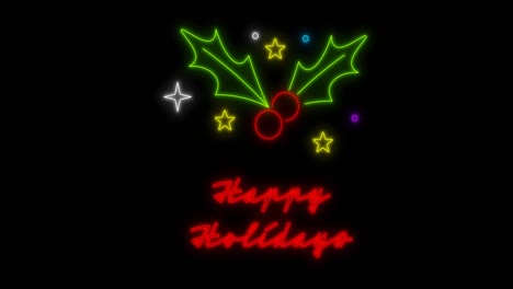 Animation-of-happy-holidays-christmas-neon-text-and-holy-over-black-background