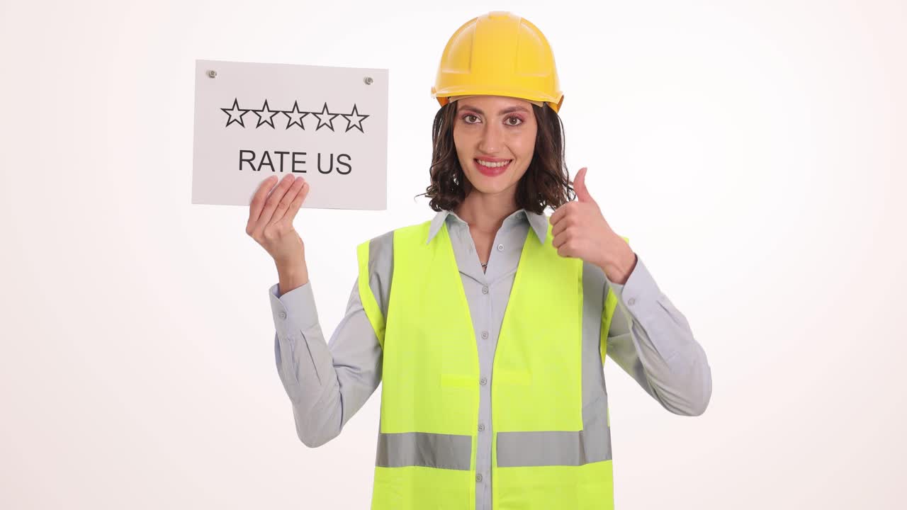 Construction Worker Holding "Rate Us" Sign and Giving Thumbs Up