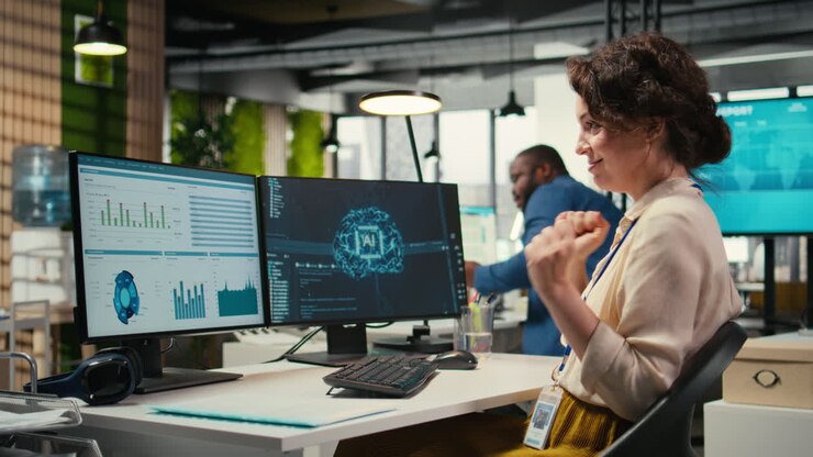 Vertical Video Employee being pleased with AI integration success for efficiency recognition