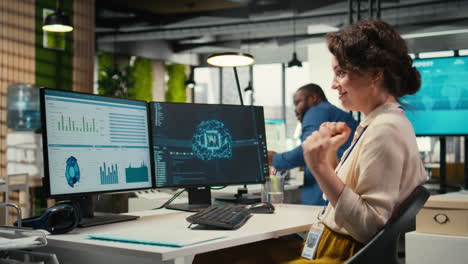 vertical video employee being pleased with ai integration success for efficiency recognition