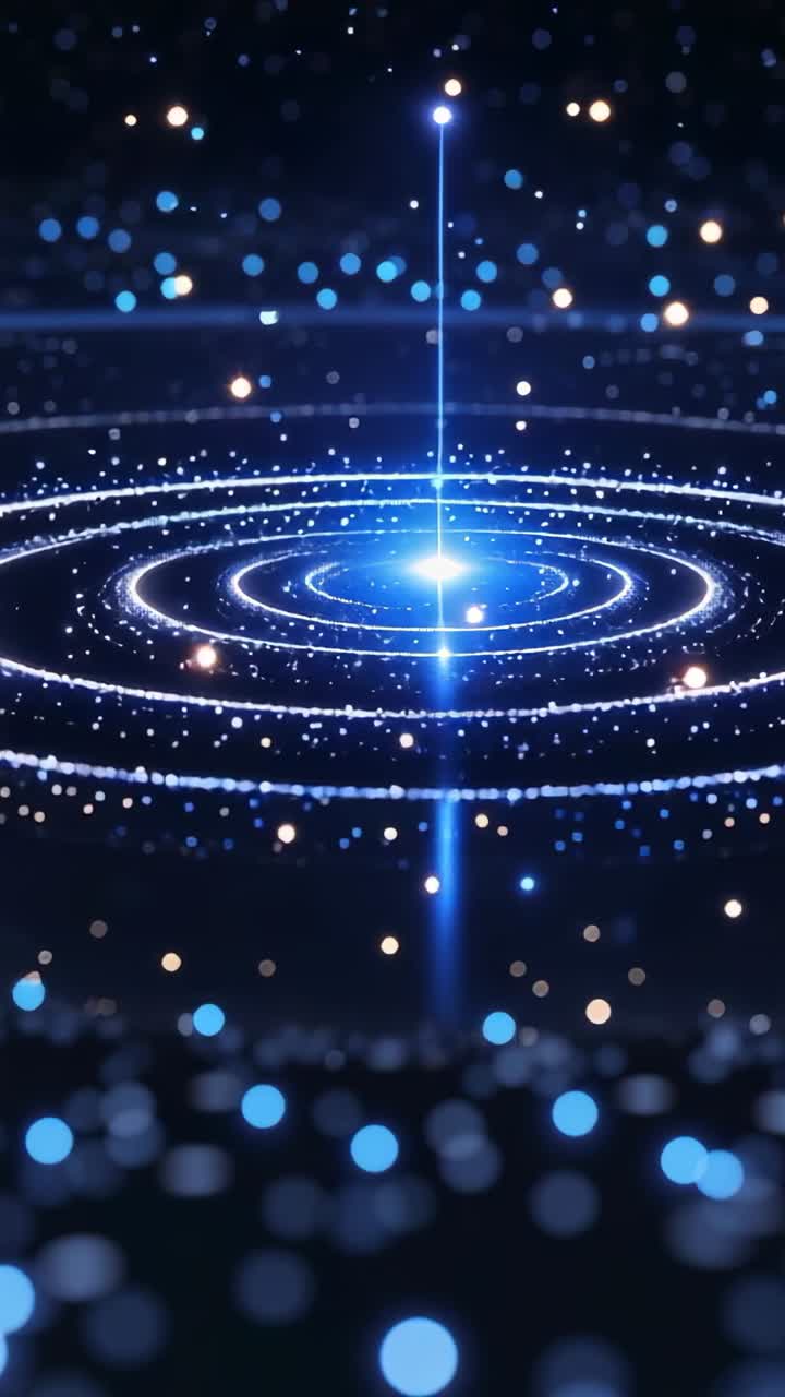 Vertical video: Starting dark void animating core expanding rings, flickering beam, bokeh particles
