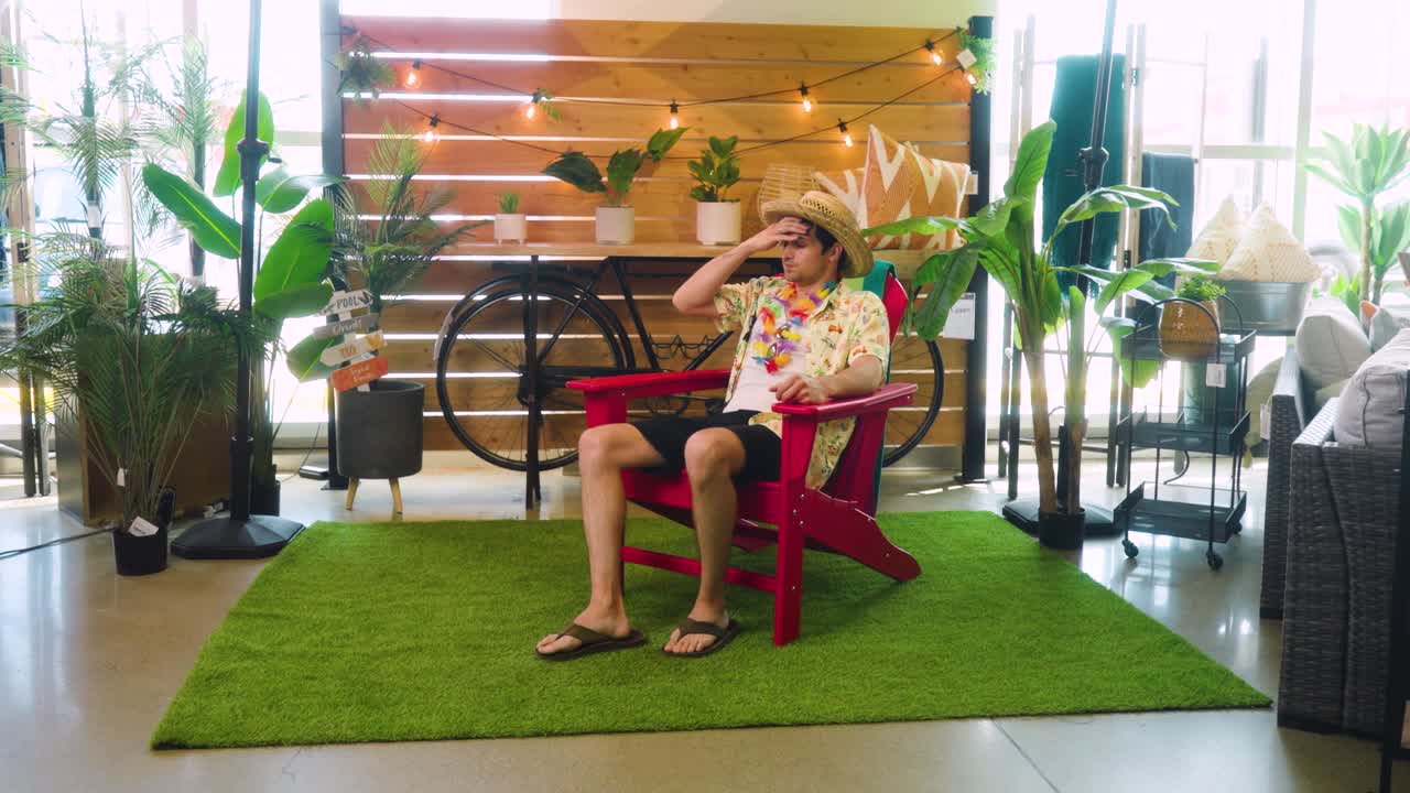 un joven vestido con un gracioso viaje tropical hawaiano vacaciones de relajación traje de playa traje de lei sombrero de sol se sienta durmiendo en el trabajo silla de madera roja dentro de una tienda de muebles de venta al por menor durante el día
