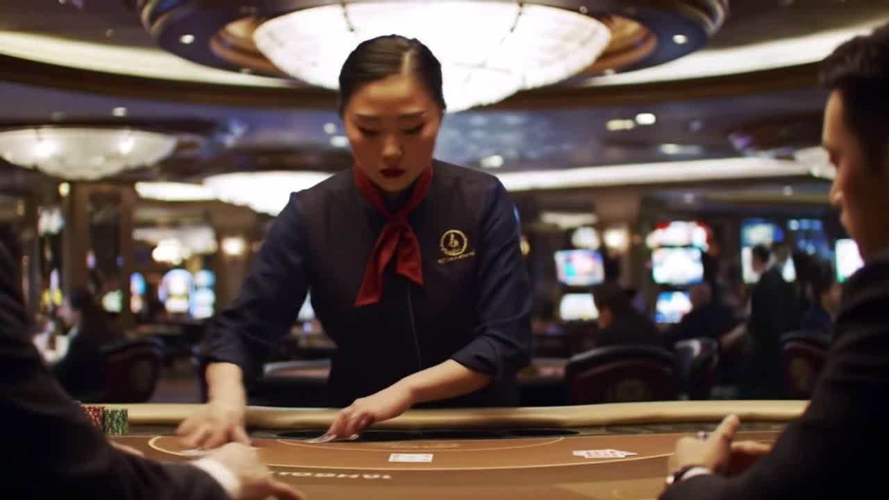 A Focused Dealer in Action at a Casino Table: Engaging Players with Precision and Skill Amidst the Glamorous Atmosphere of Gaming Excitement
