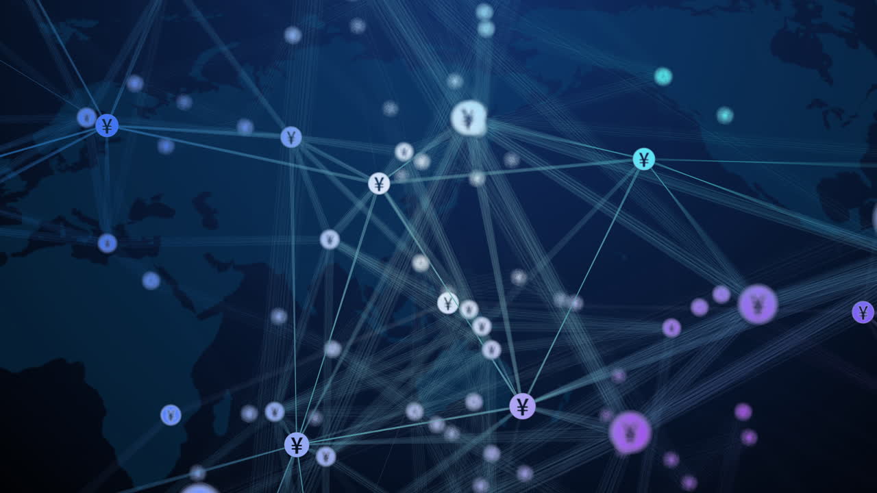 Numerous lines and dots with symbols of the Japanese yen on the background of a dark blue world map. Abstract polygonal blurred looped animation.