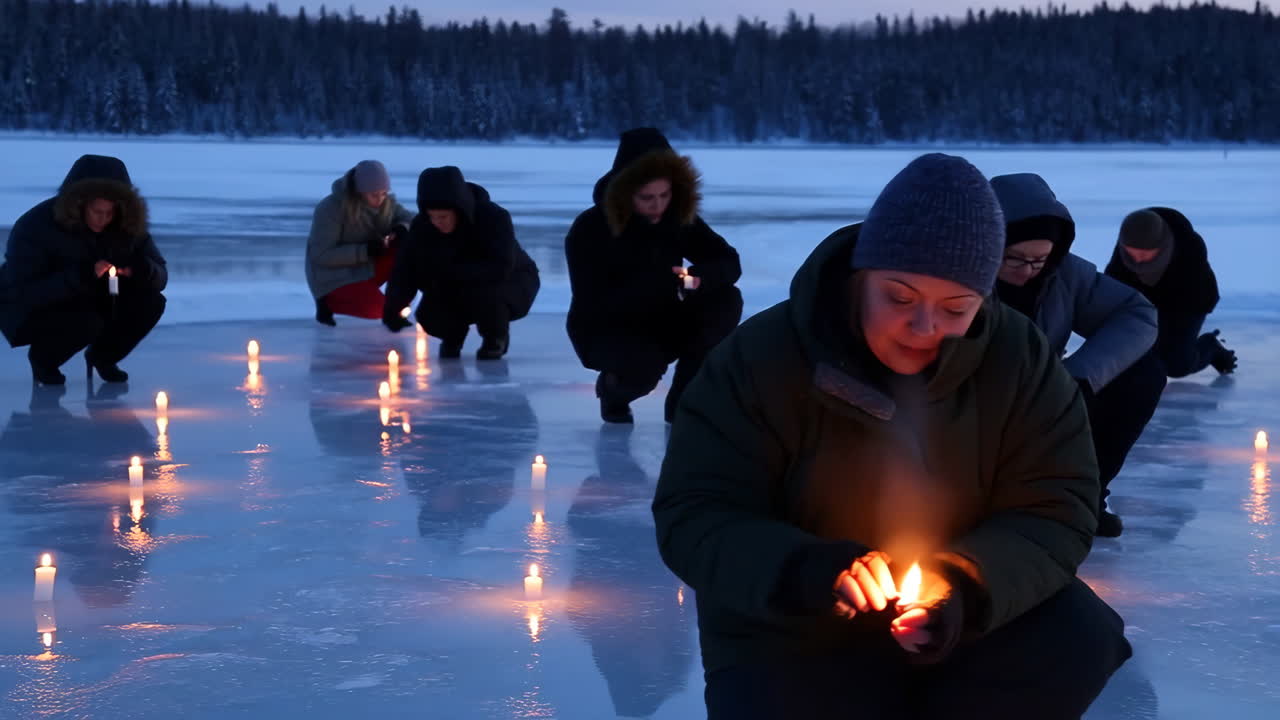 Folk tænder stearinlys på en frossen sø under en vintervåge
