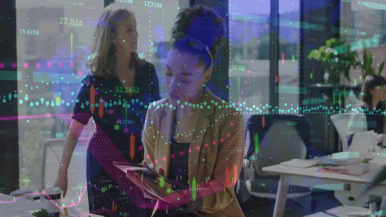 Animation of financial data processing over african american woman using digital tablet at office