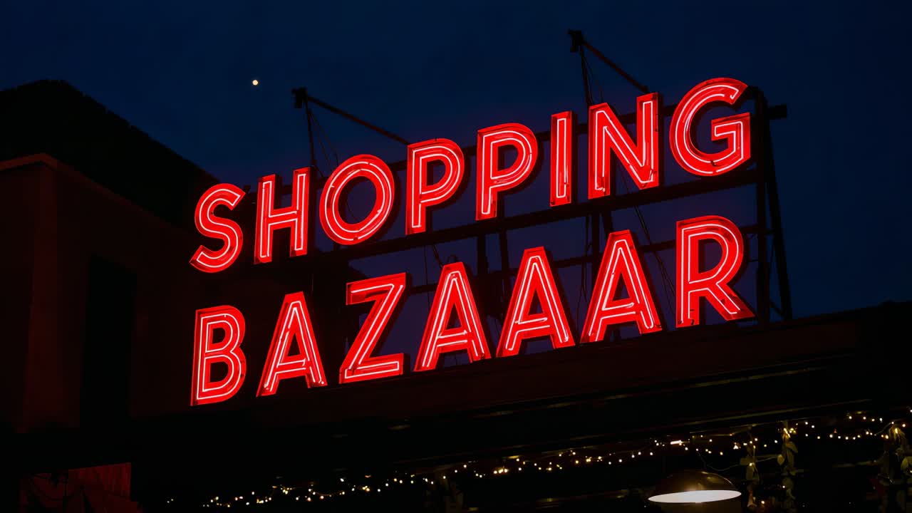 Skiftende billede, der viser neonskiltet SHOPPING BAZAAAR lyse om natten, lysene glimter på butiksfacaden