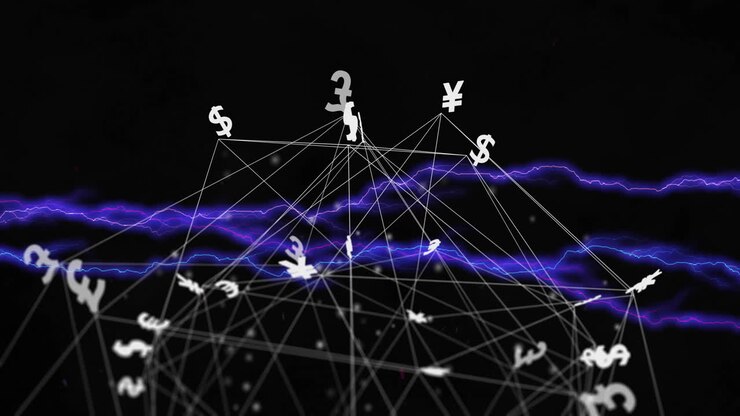 Animation of currency data processing over scope on black background