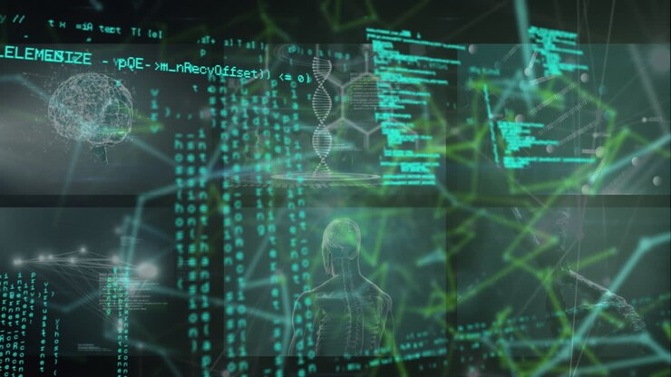 Animation of hand bionic security system over data processing in blue and black space