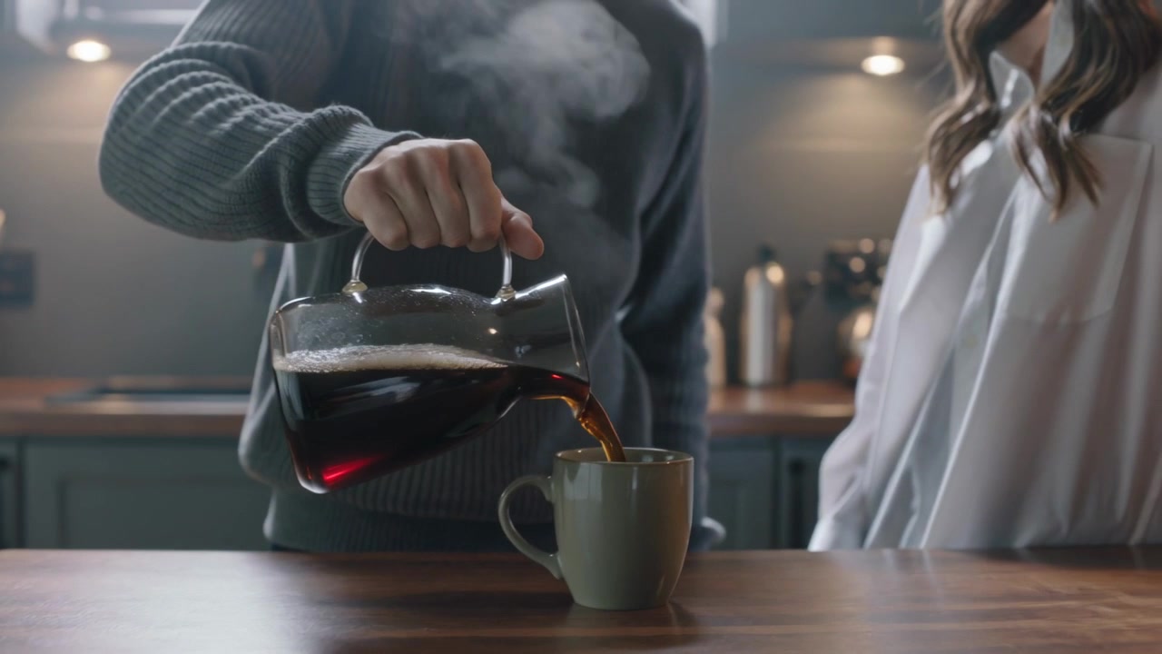 Lifting carafe, man pouring coffee into green mug at home to fill mug, woman smiling