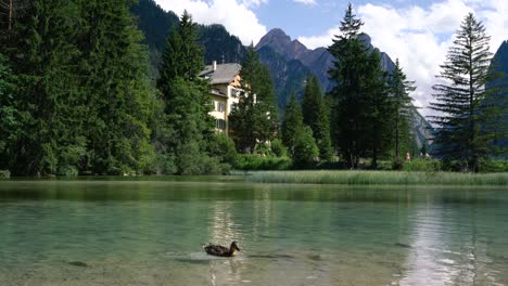 Lake-Dobbiaco-in-the-Dolomites,-Italy