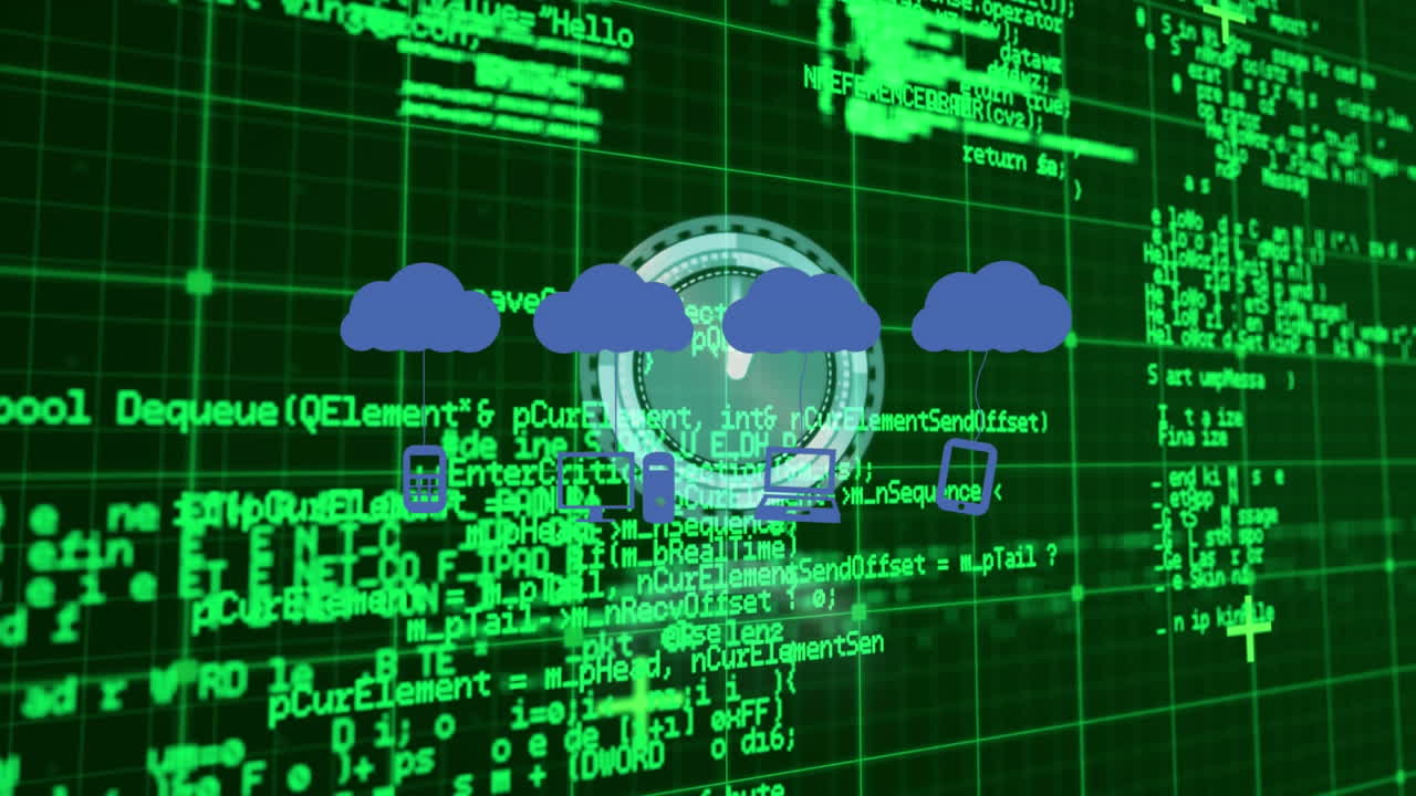 animación de nubes con iconos sobre reloj en movimiento y procesamiento de datos