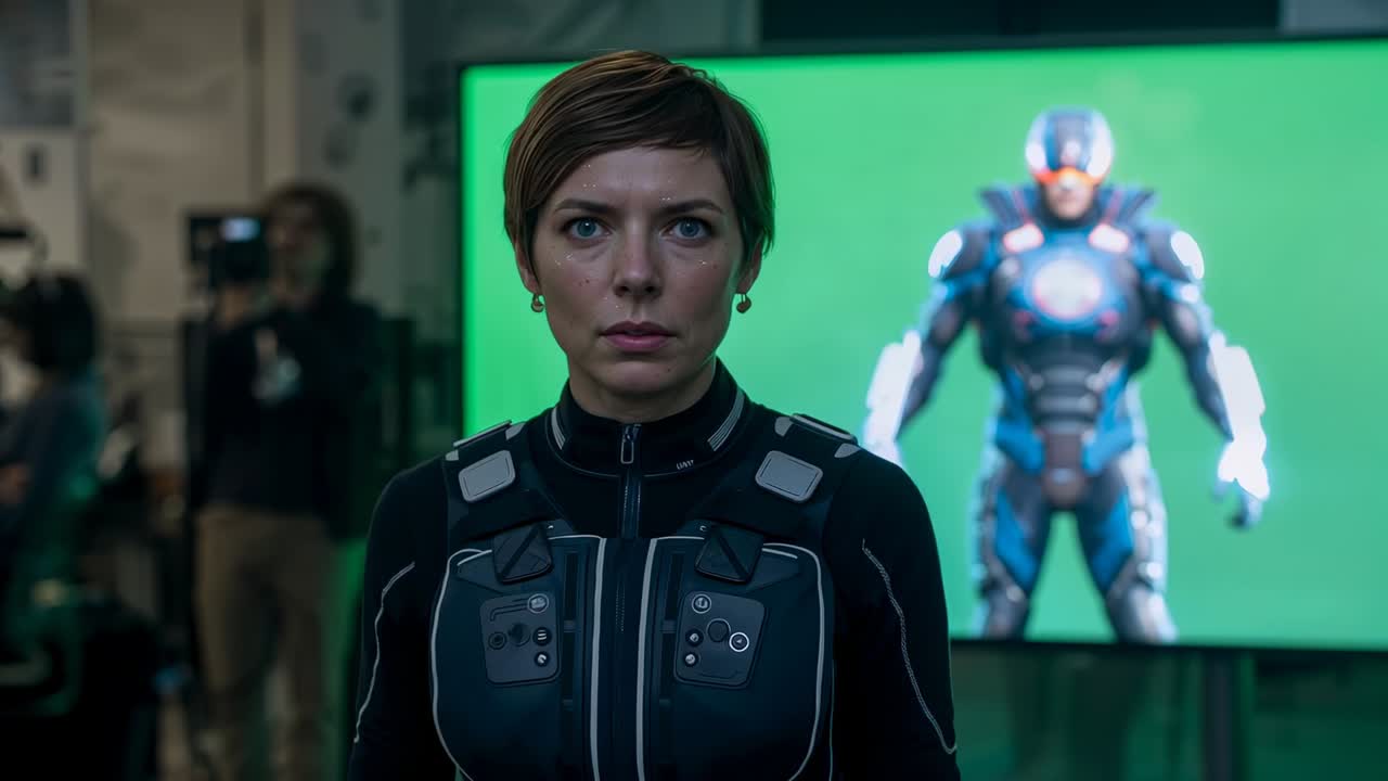 Following crew cue, standing female performer making head and eye turns in studio with mocap suit