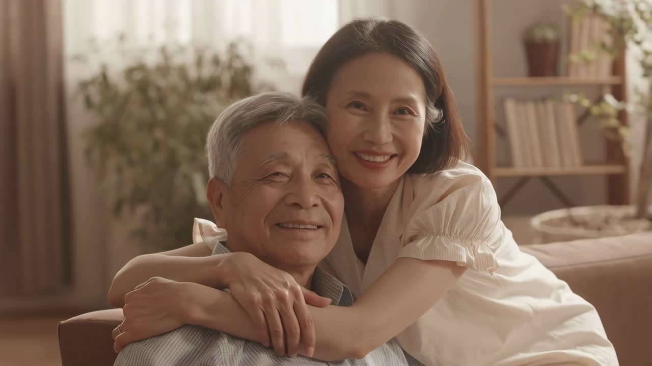 自宅で抱き合い微笑む高齢のアジア人夫婦