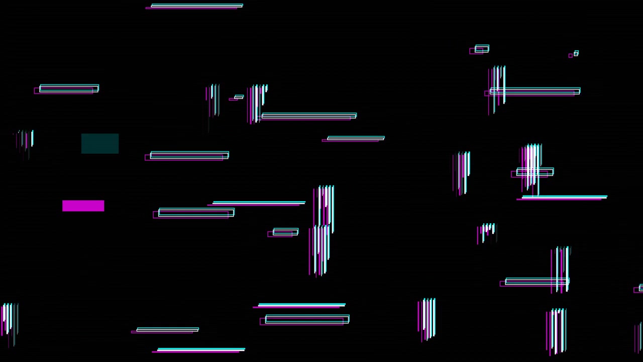 Digitaler Glitch-Effekt mit bewegten geometrischen Formen auf schwarzem Hintergrund