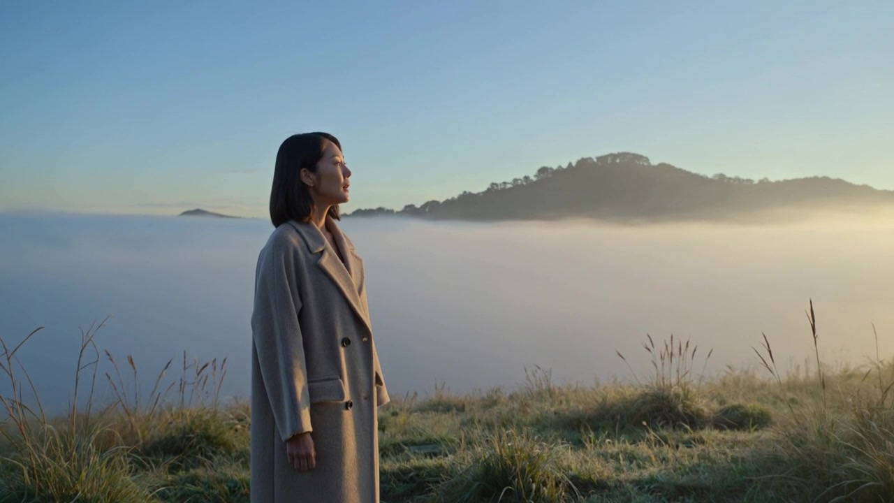 Standing woman in long beige coat turning head and gazing over foggy valley as sunlight brightening