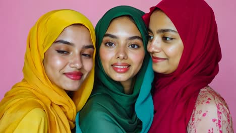 tres mujeres con hijabs de diferentes colores