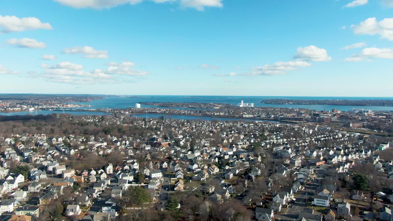 Aerial panoramic view of coastal American township
