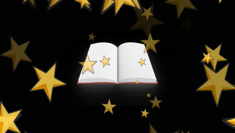 animation of glowing stars over open book on black background