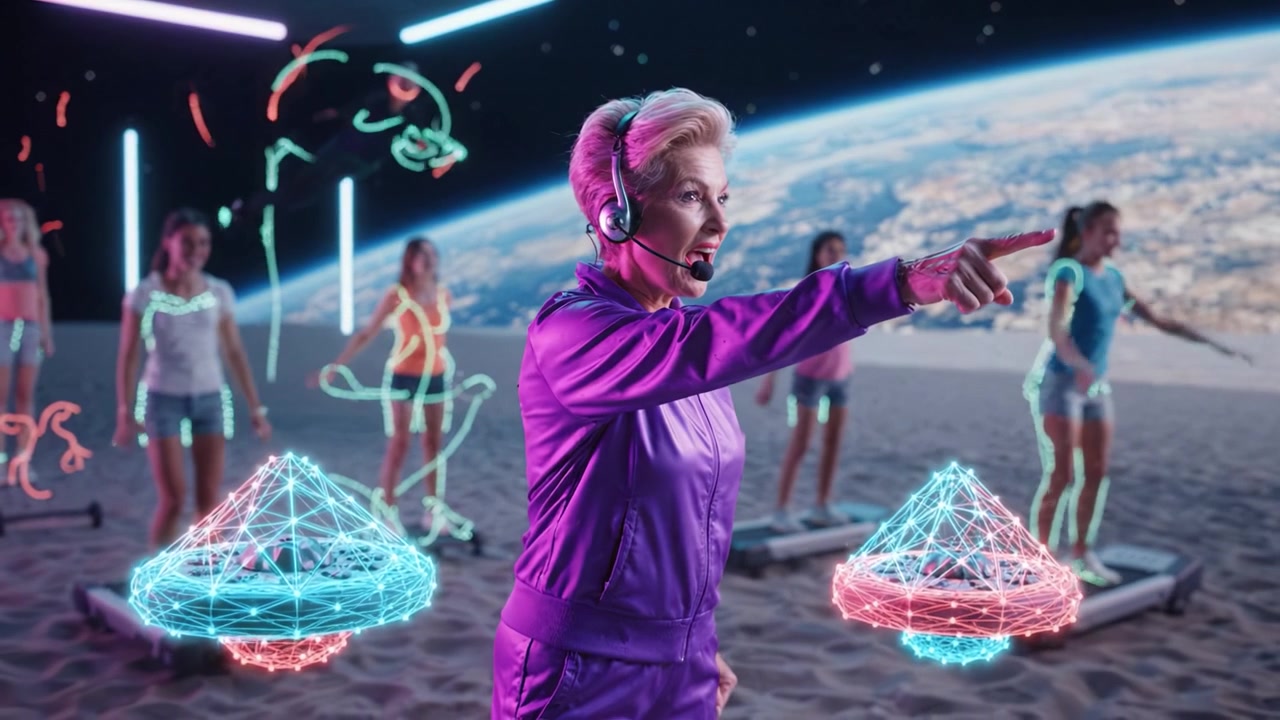 An energetic fitness instructor leads a dynamic workout session on a space-themed set, surrounded by enthusiastic participants enjoying a fun and engaging exercise routine.