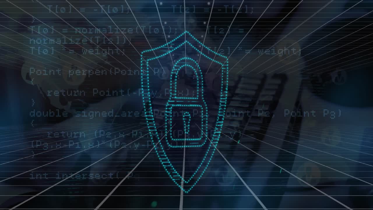 animación del icono del candado de seguridad y procesamiento de datos contra el primer plano de la persona que escribe en el teclado