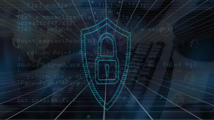 Animation of security padlock icon and data processing against close up of person typing on keyboard