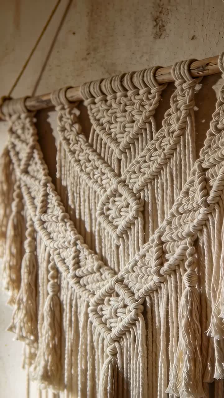 Video vertical: Cámara paneando revelando un macramé colgando en una pared de yeso, mostrando la barra y los flecos.