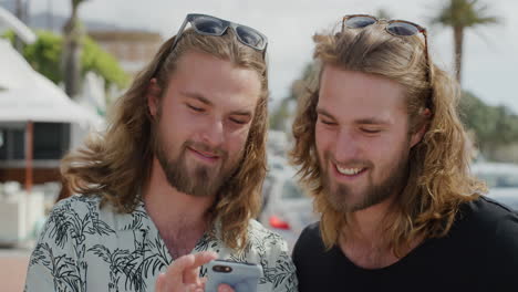 portrait of attractive twin brothers using smartphone browsing sharing travel adventure online on vacation enjoying summer in urban beachfront