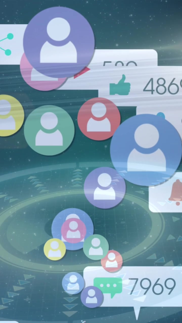 Animation of social media icons floating over interface with data processing and light spot