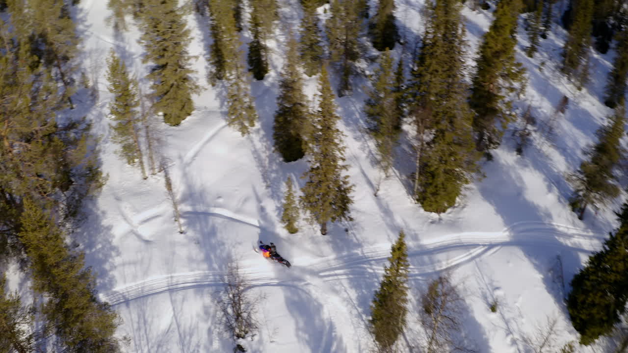 exceso de velocidad en moto de nieve a través del círculo polar ártico nevado bosque alpino sendero vista aérea de pájaro