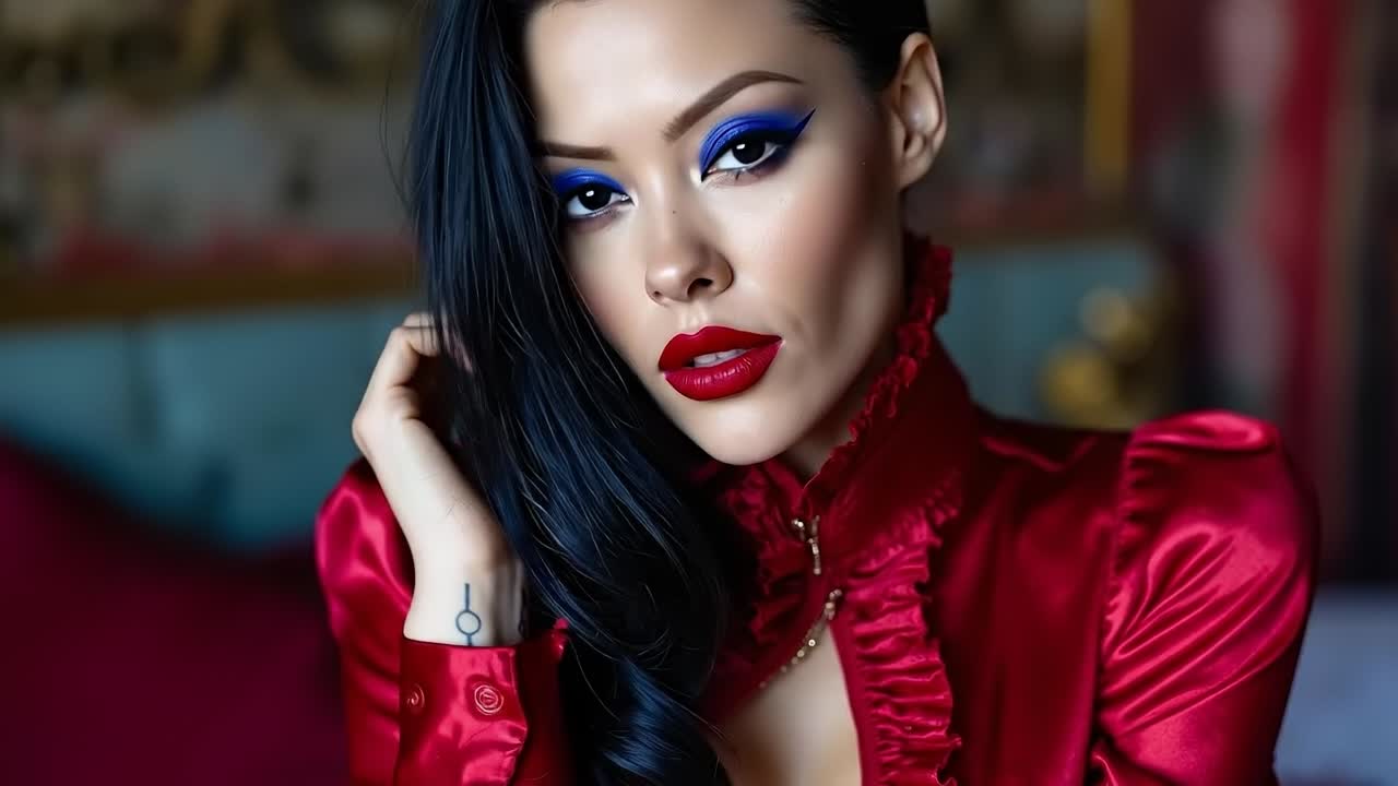 A woman with long black hair wearing a red dress and blue eyeshadow