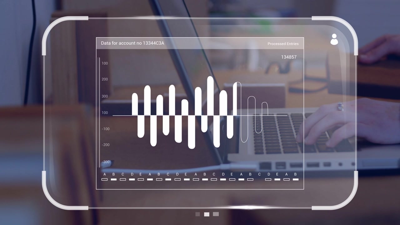 On keypress, user hands typing, HUD waveform growing, chart Data for account no 1334463A processing