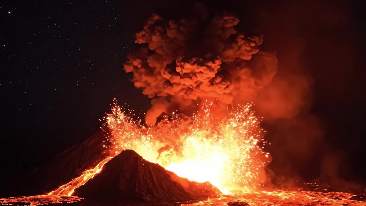 Un'eruzione maestosa: assisti alla furia infuocata di un'eruzione vulcanica che illumina il cielo notturno con lava e nuvole di cenere in uno spettacolare sfoggio della potenza della natura.