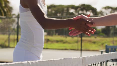 video of midsection of diverse female tennis players shaking hands